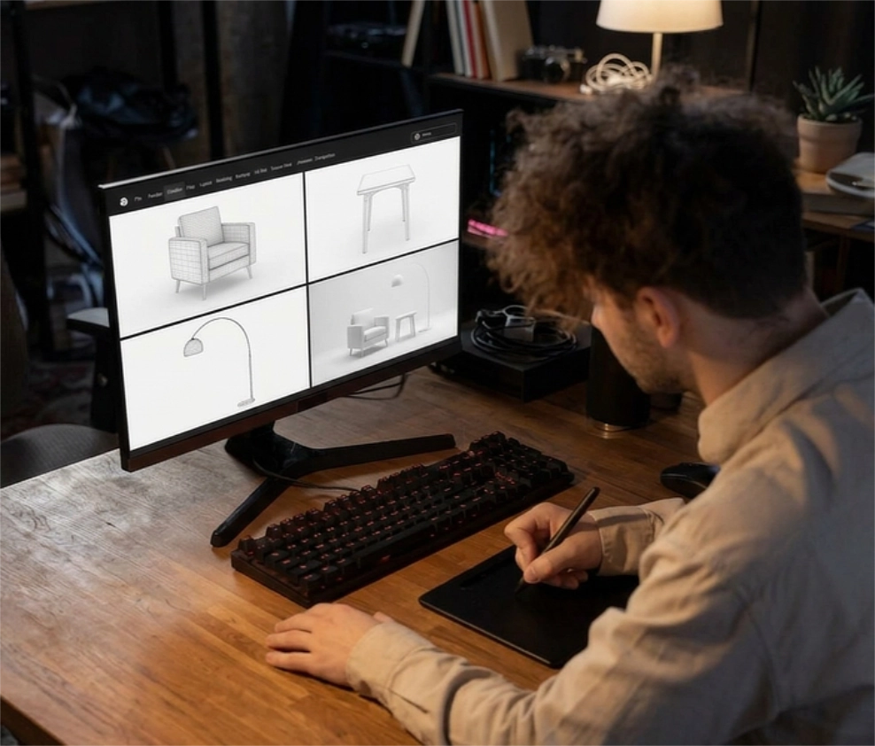 Designer At Workstation Reviewing Multiple Renderings On Screen